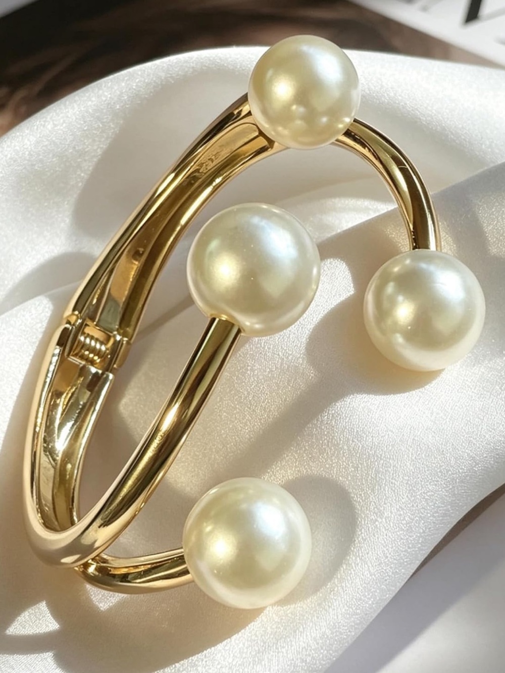 Anthropologie Gold Open Cuff Bracelet with Pearl Accents